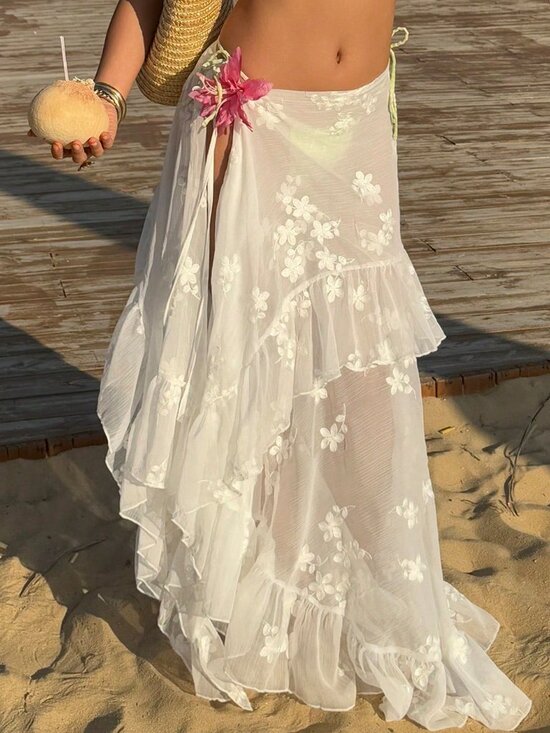 White Casual Women's Embroidered Self-Tie Ruffle Hem Skirt - Picture 4 of 8